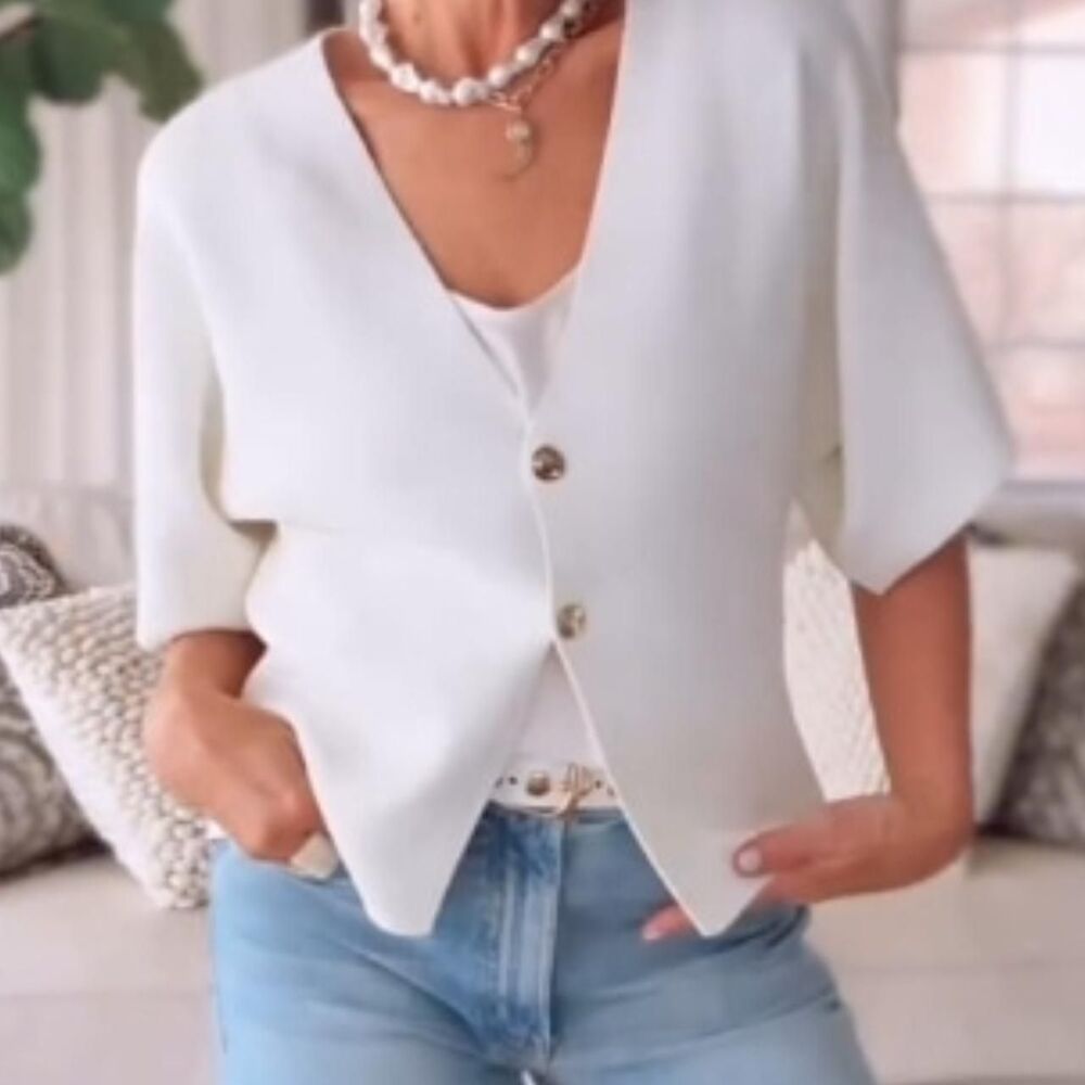 Quiet Luxury Beige Oversized Knit Button Cardigan V-Neck Lightweight Short Sleev